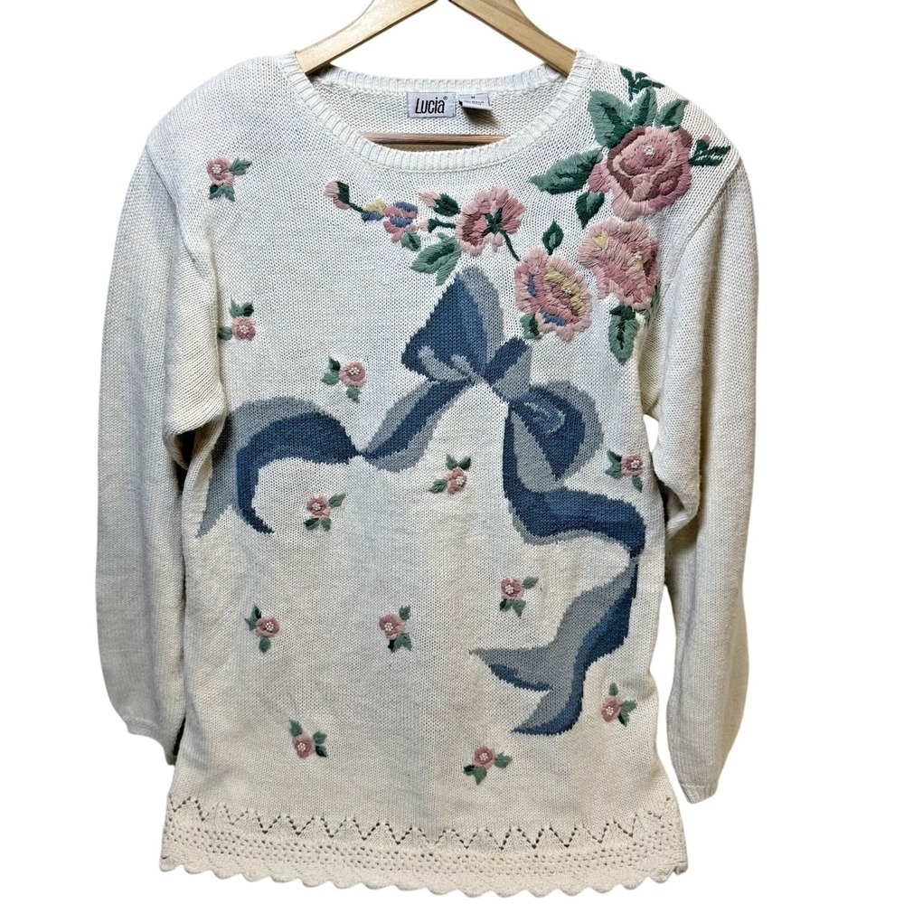 VTG Knit Sweater Floral Embroidery Crochet Hem‎ Lucia Women's Medium Pastel